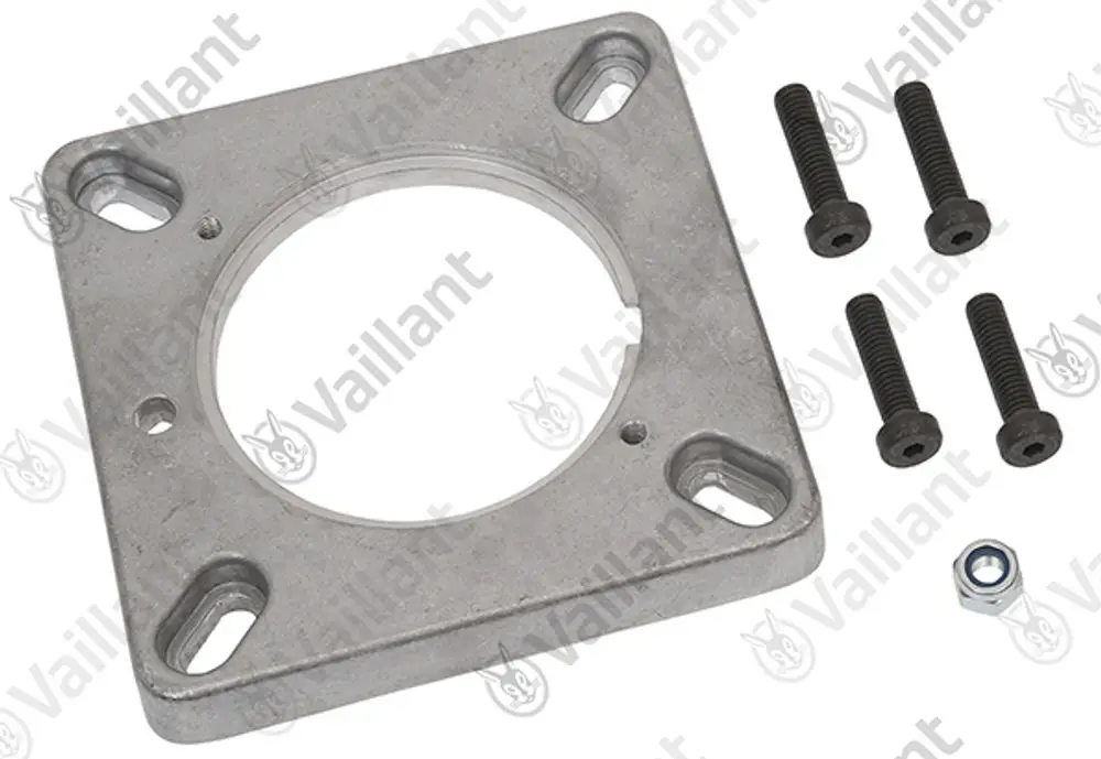 Vaillant Flansch mit quadratischer Metallplatte, mittigem Loch und mehreren Befestigungslöchern. Dazu vier Schrauben und eine Unterlegscheibe.